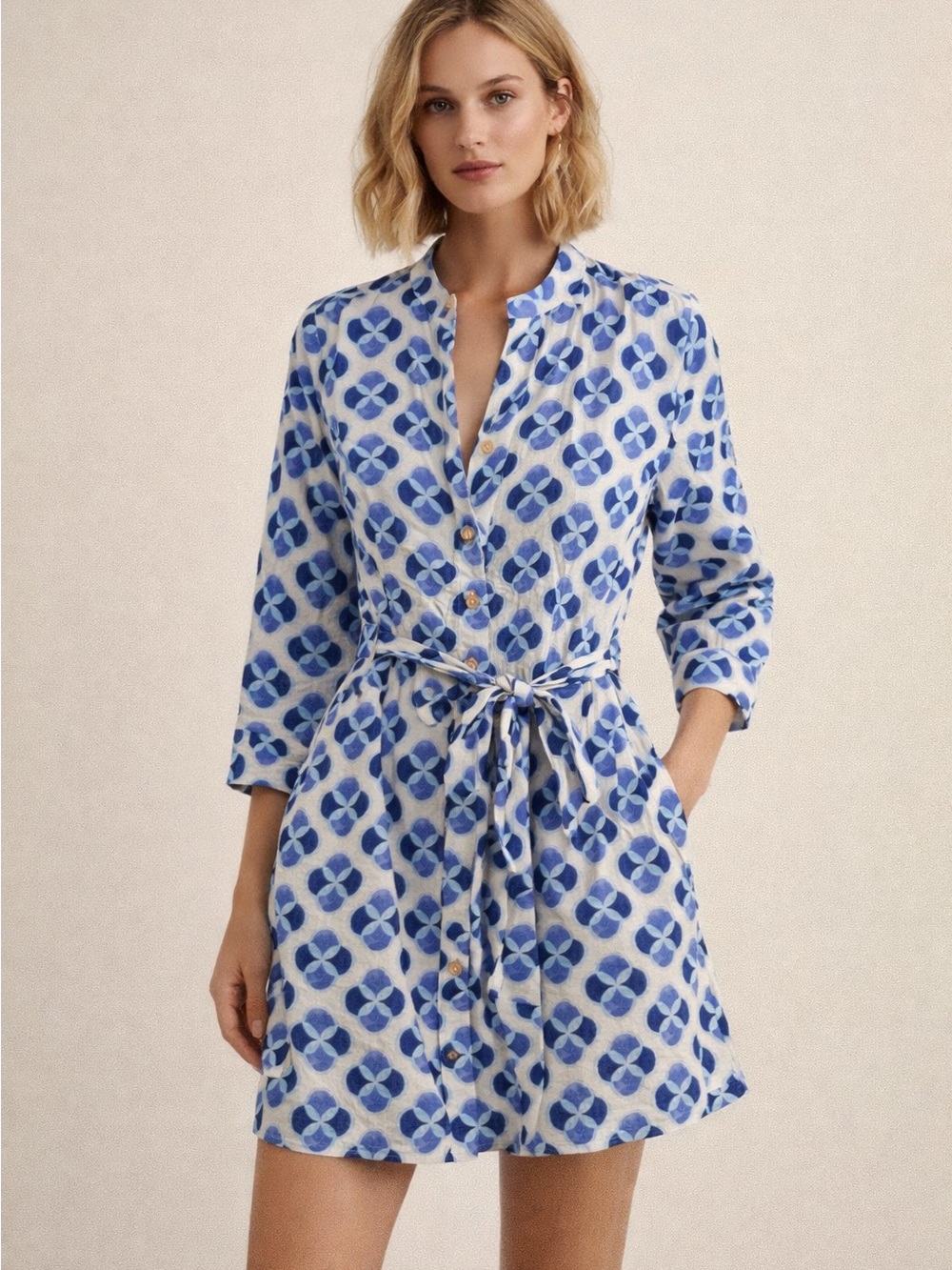 ZARA Linen Blend Shirt Dress Blue Floral Print Tie Waist Size L EUC Summer